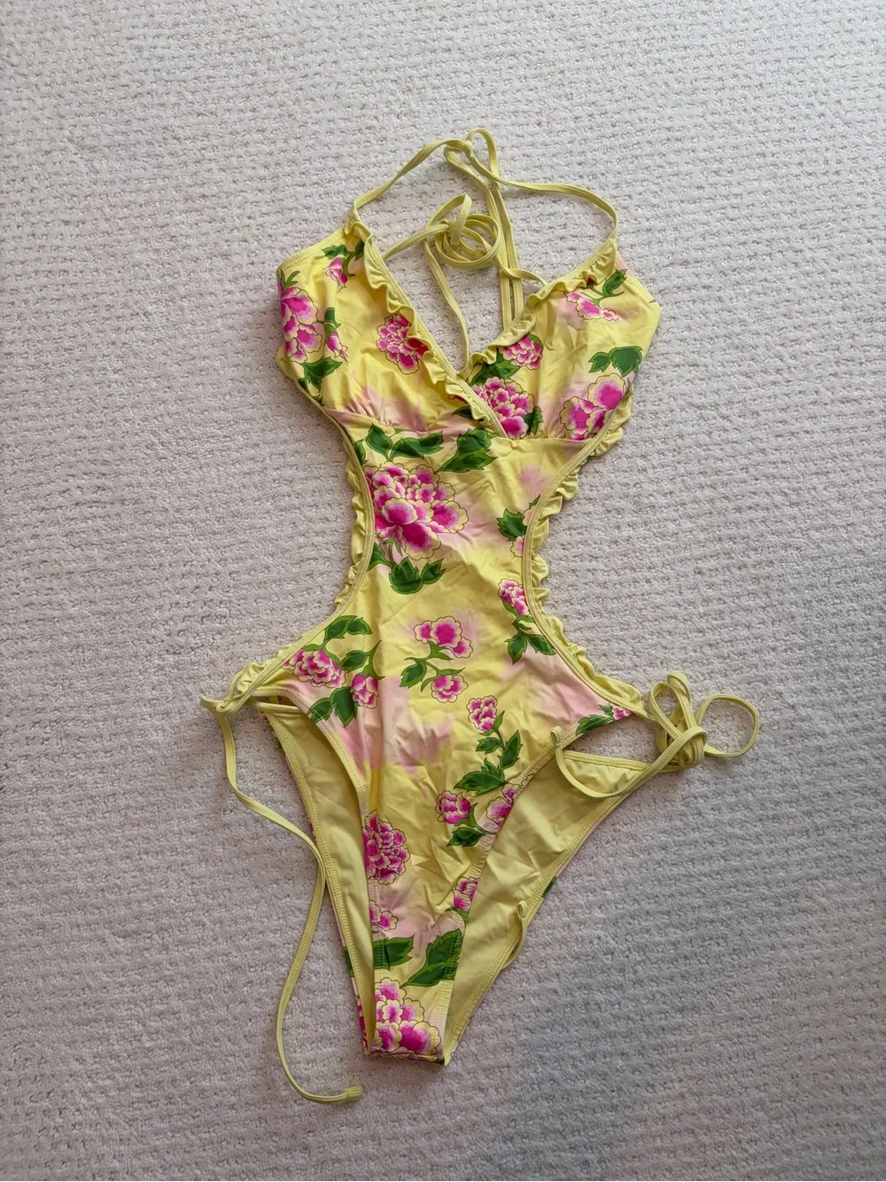 Frankie's Bikinis Yellow One-Piece Swimsuit with Pink Accent NWT $185
